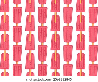 Bright seamless pattern of strawberry popsicles, perfect for summer-themed products, packaging, wallpapers, and playful designs in food marketing.