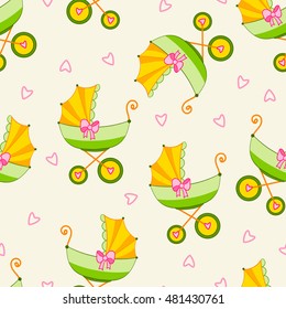 Bright seamless pattern with a stroller on a light background.Cute vector illustration for kids.Design for printing on fabric,textile,gift wrapping paper.