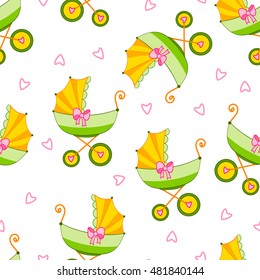Bright seamless pattern with a stroller on a white background.Cute vector illustration for kids.Design for printing on fabric,textile,gift wrapping paper.