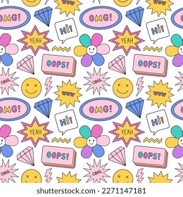 Bright seamless pattern in the style of the 90s. Colorful diamonds, smile faces, stars, lightning, speech bubbles  on white background. Nostalgia for the 1990s. Funny cool print.