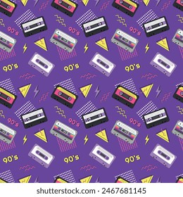 Bright seamless pattern in the style of the 90s with audio cassettes. Vector illustration