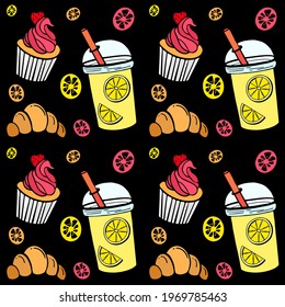 Bright seamless pattern in the style of doodle on a black background. Lemonade, cake, lemons, croissant. Yellow, orange, pink. Can be used in web design, as a background, printing, printing on fabric