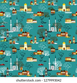Bright seamless pattern with a stylised image of houses, buildings, mosque, cathedral, trees, cars. Details of the city are randomly located. Children's design. Wallpaper, wrapping paper, cover, print