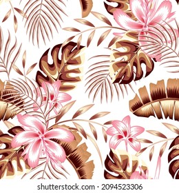 A bright seamless pattern with Stylish colorful pink floral, brown monstera palm leaves and banana tree seamless pattern on white background. Floral background. Exotic tropics. Summer design. autumn