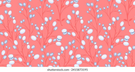 Helles, nahtloses Muster mit stylisiertem Blumenstamm und Tropfen, Flecken. Kreative Zweige mit Beeren-Hintergrund. Abstrakter einfacher botanischer Druck. Vektorhandgezeichnet. Design für Mode, Gewebe, Textilien