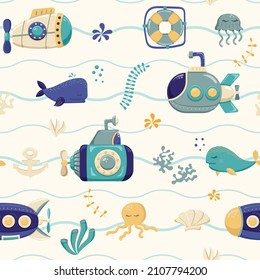 Bright seamless pattern with submarines and marine inhabitants. Designed for printing, fabrics, textiles, postcards. Children's pattern with ships. Marine print. Submarine. Vector illustration