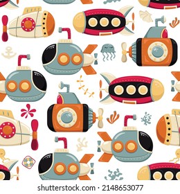 Bright seamless pattern with submarines and marine inhabitants. Designed for printing, fabrics, textiles, postcards. Children's pattern with ships. Marine print. Submarine. Vector illustration