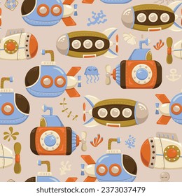 Bright seamless pattern with submarines and marine inhabitants. Designed for printing, fabrics, textiles, postcards. Children's pattern with ships. Marine print. Submarine. Vector illustration