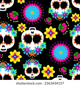 Bright seamless pattern of sugar skulls and flowers on a black background