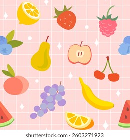 A bright seamless pattern of summer fruits. Apple, peach, banana, cherry, strawberry, raspberry, pear, watermelon. Suitable for wrapping, textiles, printing, wallpaper