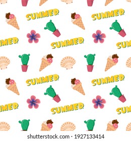 Bright seamless pattern with summer items. Vector print with cacti, shells and ice cream for the holiday, vacation, travel. Suitable for wrapping paper, textiles and other designs.