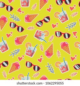 Bright seamless pattern with summer style elements. Sunglasses, ice cream, cocktails, hearts on yellow background. Great for textile design and wallpapers.