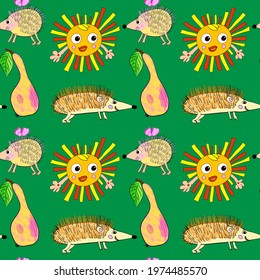 Bright seamless pattern with sun, fruit and funny hedgehogs on a green background. Illustration for textiles, wallpaper, fabric