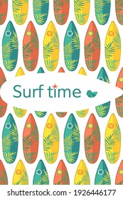 Bright seamless pattern with surfboards and palm branches. Decorative elements with summer items and water sports. Vector illustration