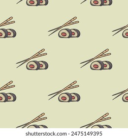 Bright seamless pattern with sushi, Japanese food. Simple editable illustration for background, gift paper and packaging