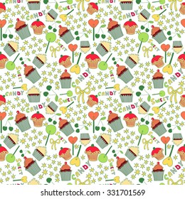 Bright seamless pattern with sweet cupcakes, cherry, lollipops, bows and stars.  Vector illustration for fabric design, textile, web design, wallpaper, wedding design and etc.