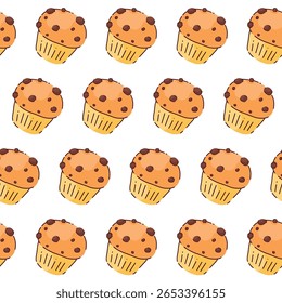 Bright seamless pattern with sweet pastries. Doodle stickers. For textiles, brand, clothing, wallpaper. Kitchen design, restaurants and menus