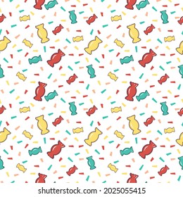 Bright seamless pattern with sweets and confetti pieces of paper. Festive print for holiday, birthday, new year and design