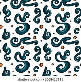 Bright seamless pattern of swirls and circles. Suitable for teen and children's textiles, backgrounds and more.