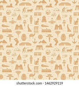 Bright seamless pattern of symbols, landmarks, and signs of Egypt from icons in a flat style.