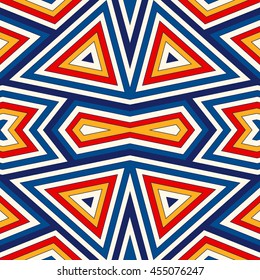 Bright seamless pattern with symmetric geometric ornament. Colorful abstract background. Ethnic and tribal motifs. Ornamental vivid wallpaper. Vector illustration