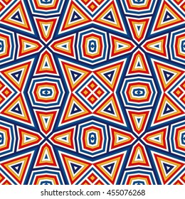 Bright seamless pattern with symmetric geometric ornament. Colorful abstract background. Ethnic and tribal motifs. Ornamental vivid wallpaper. Vector illustration