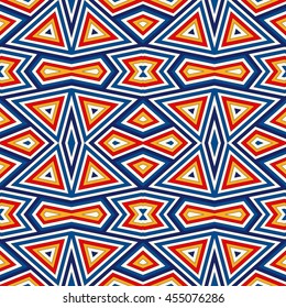 Bright seamless pattern with symmetric geometric ornament. Colorful abstract background. Ethnic and tribal motifs. Ornamental vivid wallpaper. Vector illustration