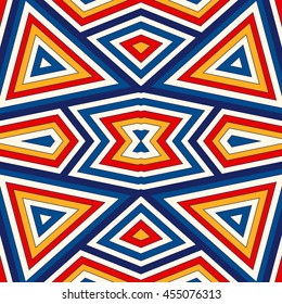 Bright seamless pattern with symmetric geometric ornament. Colorful abstract background. Ethnic and tribal motifs. Ornamental vivid wallpaper. Vector illustration