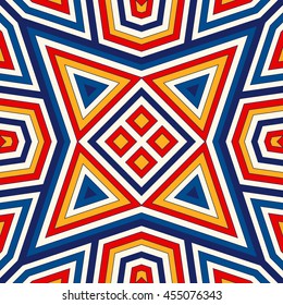 Bright seamless pattern with symmetric geometric ornament. Colorful abstract background. Ethnic and tribal motifs. Ornamental vivid wallpaper. Vector illustration