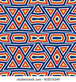 Bright seamless pattern with symmetric geometric ornament. Colorful abstract background. Ethnic and tribal motifs. Ornamental vivid wallpaper. Vector illustration
