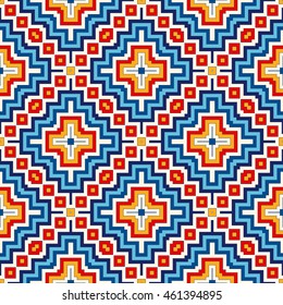 Bright seamless pattern with symmetric geometric ornament. Colorful abstract background. Ethnic and tribal motifs. Ornamental vivid wallpaper. Vector illustration