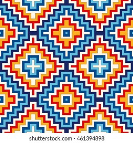 Bright seamless pattern with symmetric geometric ornament. Colorful abstract background. Ethnic and tribal motifs. Ornamental vivid wallpaper. Vector illustration