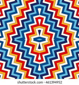 Bright seamless pattern with symmetric geometric ornament. Colorful abstract background. Ethnic and tribal motifs. Ornamental vivid wallpaper. Vector illustration