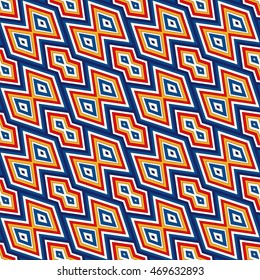 Bright seamless pattern with symmetric geometric ornament. Colorful abstract background. Ethnic and tribal motifs. Ornamental vivid wallpaper. Vector illustration