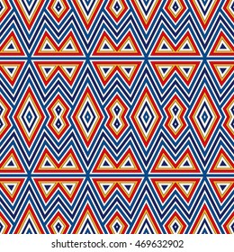 Bright seamless pattern with symmetric geometric ornament. Colorful abstract background. Ethnic and tribal motifs. Ornamental vivid wallpaper. Vector illustration