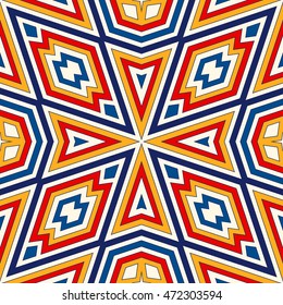 Bright seamless pattern with symmetric geometric ornament. Colorful abstract background. Ethnic and tribal motifs. Ornamental vivid wallpaper. Vector illustration