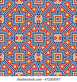 Bright seamless pattern with symmetric geometric ornament. Colorful abstract background. Ethnic and tribal motifs. Ornamental vivid wallpaper. Vector illustration