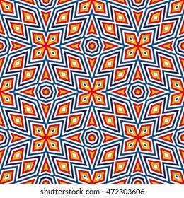 Bright seamless pattern with symmetric geometric ornament. Colorful abstract background. Ethnic and tribal motifs. Ornamental vivid wallpaper. Vector illustration