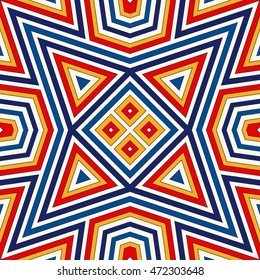 Bright seamless pattern with symmetric geometric ornament. Colorful abstract background. Ethnic and tribal motifs. Ornamental vivid wallpaper. Vector illustration