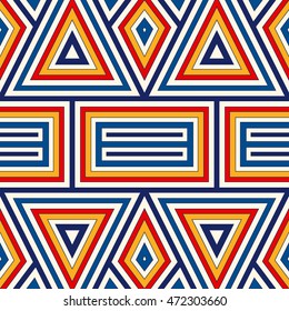 Bright seamless pattern with symmetric geometric ornament. Colorful abstract background. Ethnic and tribal motifs. Ornamental vivid wallpaper. Vector illustration