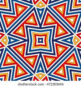 Bright seamless pattern with symmetric geometric ornament. Colorful abstract background. Ethnic and tribal motifs. Ornamental vivid wallpaper. Vector illustration