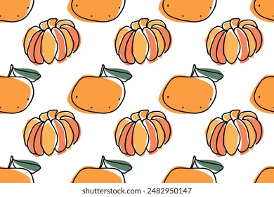 Bright seamless pattern with Tangerine fruit. Mandarins hand drawn vector doodle sketch with orange color. Food pattern For print, textile, fabric, wrapping paper, wallpaper, scrapbooking.