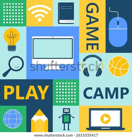Bright seamless pattern for kids’ tech camps, gaming, coding, robotics, and creative learning themes.