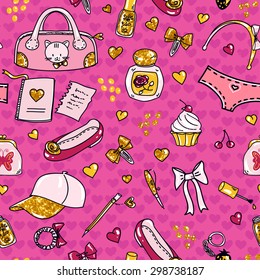 Bright seamless pattern for teenage girls. Vector illustration.