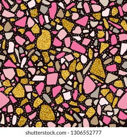 Bright seamless pattern in terrazzo style. Gold and pink stones on black background. Luxury mosaic surface. Trendy design.