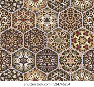 Bright seamless pattern tiles. Colorful vector set of hexagonal elements for design of wallpaper, fabric or wrapping paper.