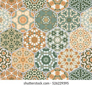 Bright seamless pattern tiles. Colorful vector set of hexagonal elements for design of wallpaper, fabric or wrapping paper.