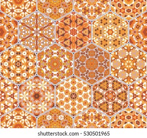 Bright seamless pattern tiles. Colorful vector set of hexagonal elements for design of wallpaper, fabric or wrapping paper.