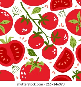 Bright seamless pattern with tomatoes. Texture for textiles, packaging, wallpapers. Vector illustration isolated on white background.