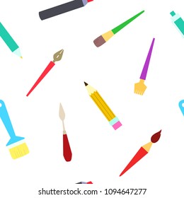 Bright seamless pattern with tools for the artist.  Brushes, pencils, pens, markers, nibs, palette knuckles - everything for creativity. 